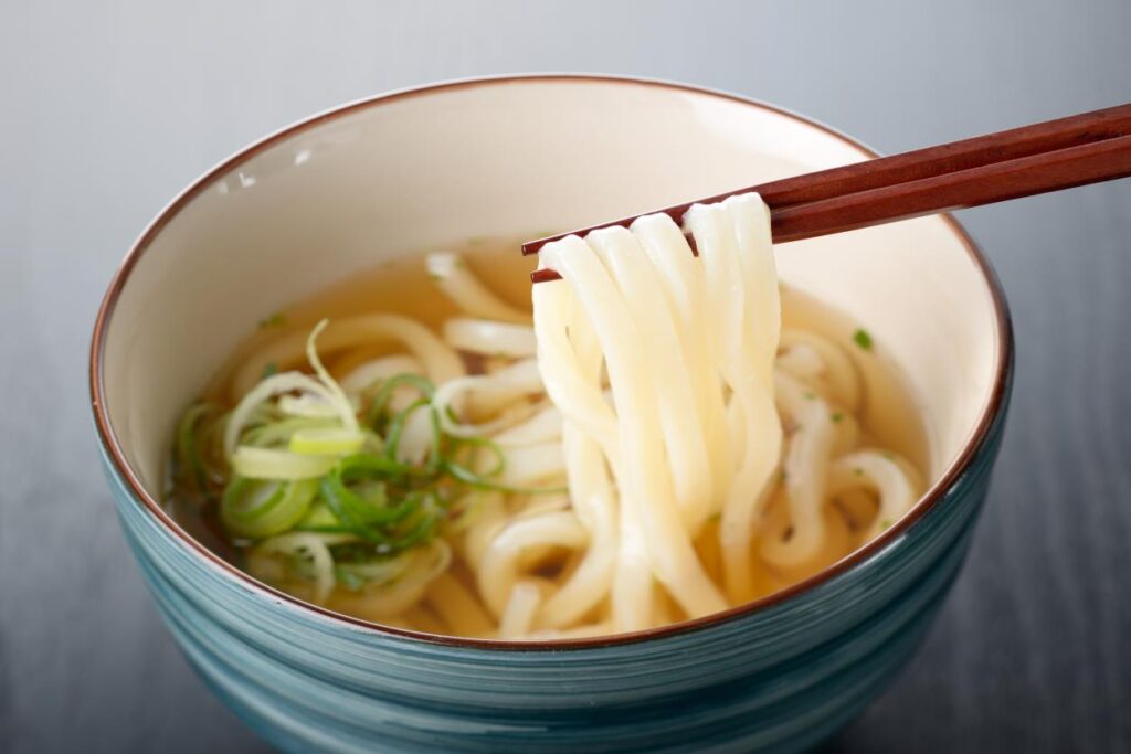 A bowl of (wheat-based) udon noodles.